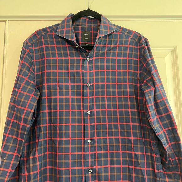 Boss Hugo Boss Men's Tailored Slim Fit Dress Shirt Navy Size 39‎ 15 1/2 - Picture 3 of 9